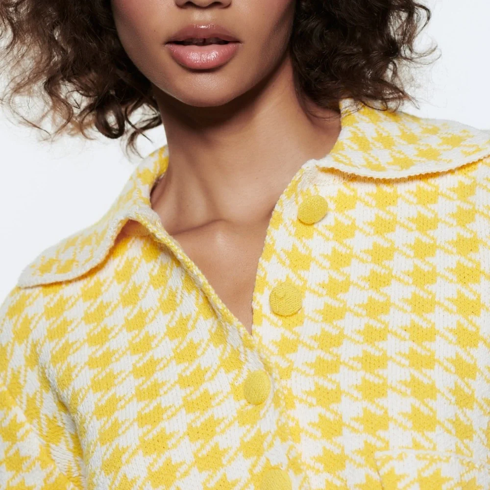 Zara Yellow Houndstooth Cropped Cardigan - Picture 11 of 16